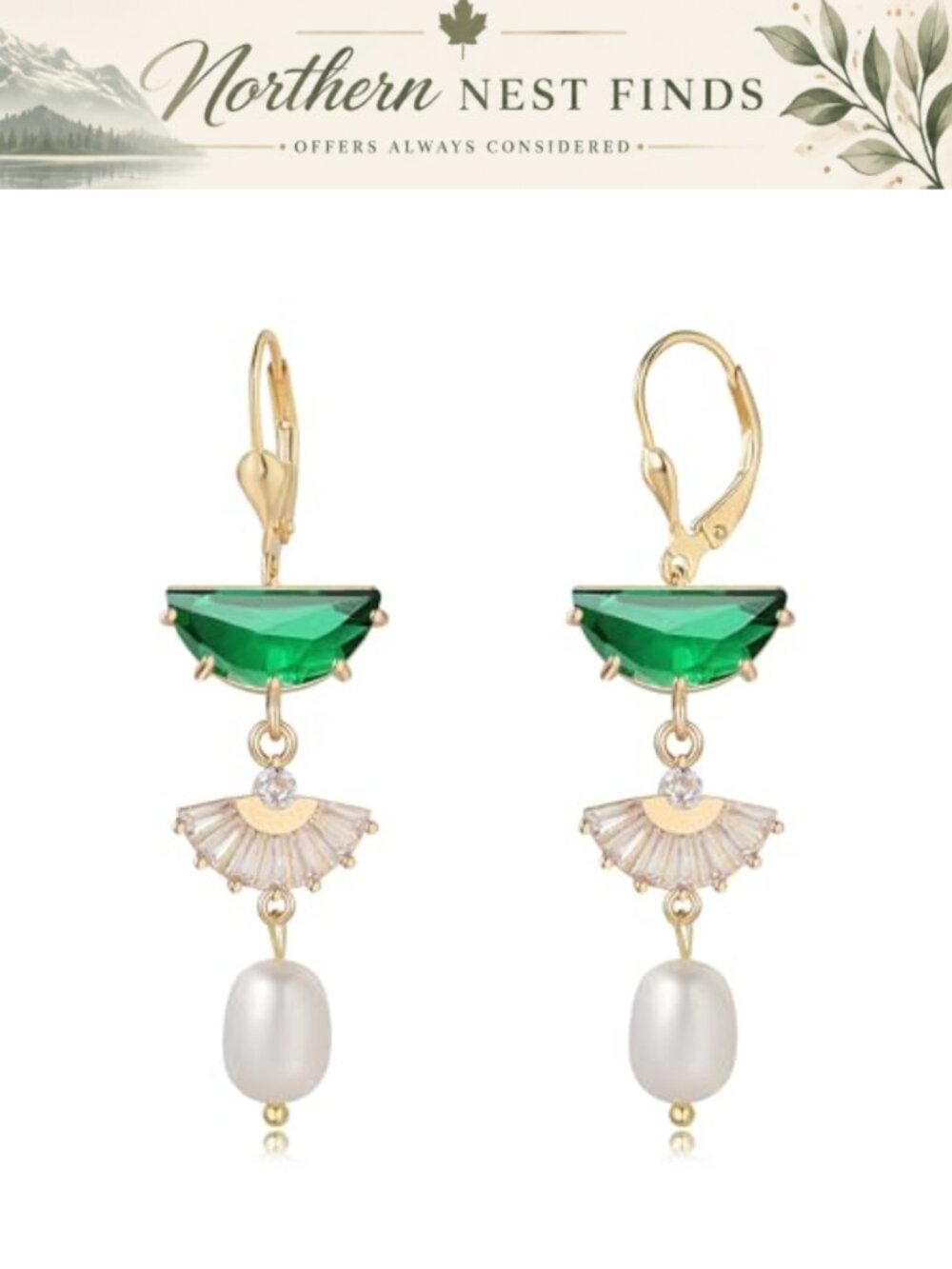 Art Deco Leverback Dangle Drop Earrings 14K Gold Plated 925 Silver Pearl